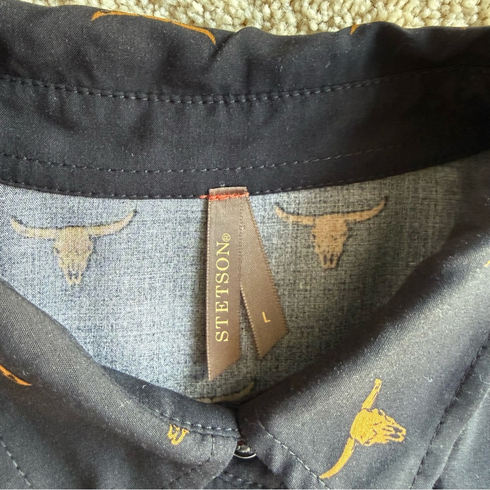 Stetson Western Shirt Womens Large Black Longhorn Skull Print Button Up Rayon - Picture 2 of 10